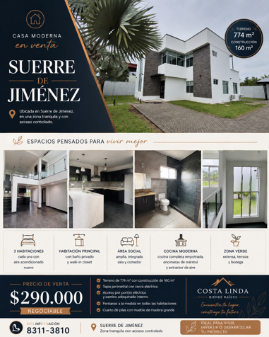 🏡 Casa moderna en venta en Suerre de Jiménez en Jiménez, Pococí, Limón — $290,000