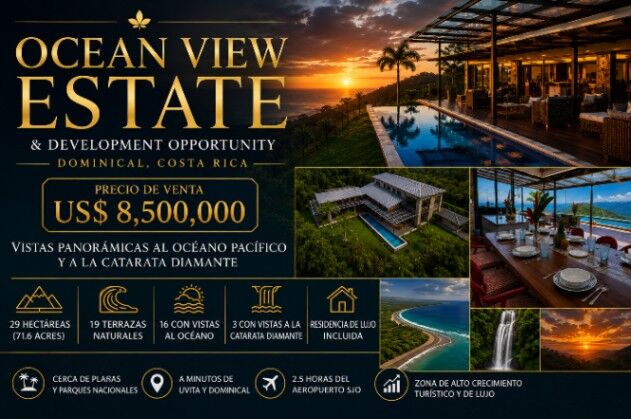 PROPIEDAD CON VISTA AL OCÉANO DOMINICAL COSTA RICA en Savegre, Quepos, Puntarenas — $8,500,000