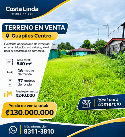🏢 TERRENO EN VENTA EN GUÁPILES CENTRO | IDEAL PARA COMERCIO en Guápiles, Pococí, Limón — ₡ 130 000 000