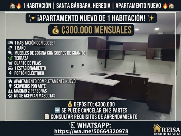 1 HABITACIÓN APARTAMENTO NUEVO SANTA BÁRBARA HEREDIA en Jesús, Santa Bárbara, Heredia — ₡ 300 000