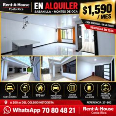 Alquiler de Casa de 3 Habitaciones en Sabanilla Montes de Oca