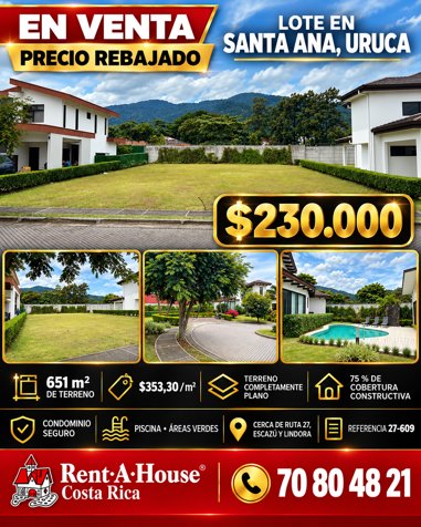 Venta de Hermoso Lote de 651m2 en Santa Ana in Uruca, Santa Ana, San José — $230,000