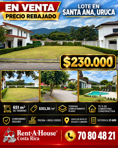 Venta de Hermoso Lote de 651m2 en Santa Ana en Uruca, Santa Ana, San José — $230,000