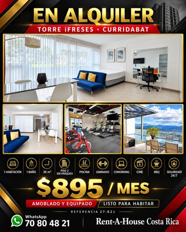 Alquiler de Apartamento Amoblado en Freses Curridabat en Granadilla, Curridabat, San José — $895