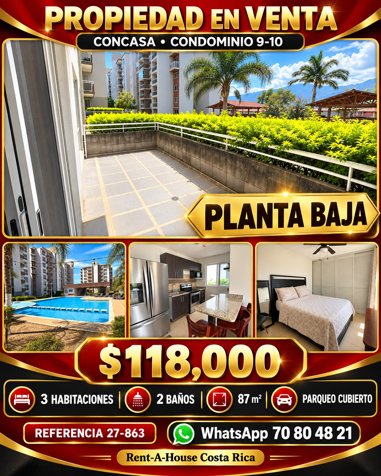 Venta de Apartamento en Planta Baja en Concasa San Rafael de Alajuela 27-863 in San Rafael, Alajuela — $118,000