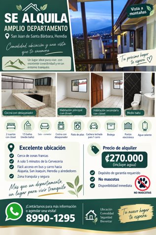 Alquiler Departamento en San Juan, Santa Bárbara, Heredia — ₡ 270 000 - Foto 2 de 7