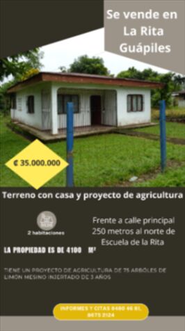 Se vende propiedad con casa proyecto de agricultura  en Rita, Pococí, Limón — ₡ 35 000 000