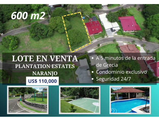 Lote en venta - Plantation Estates en Naranjo, Alajuela — $110,000