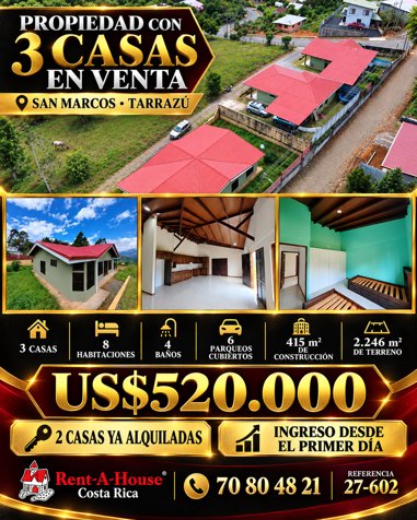 Venta de 3 Casas en San Marcos de Tarrazú en San Marcos, Tarrazú, San José — $520,000