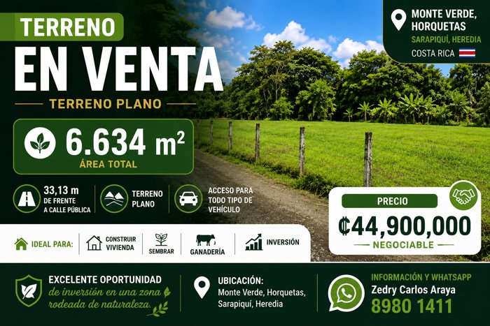 Terreno Plano 6.634 m² en Monte Verde, Horquetas, Sarapiquí en Las Horquetas, Sarapiquí, Heredia — ₡ 44 900 000