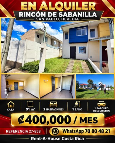 Alquiler de Apartamento en San Pablo de Heredia 27-858 en Rincón Sabanilla, San Pablo, Heredia — ₡ 400 000