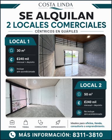 🏢 ¡LOCALES COMERCIALES EN ALQUILER EN EL CENTRO DE GUÁPILES! en Guápiles, Pococí, Limón — ₡ 240 000