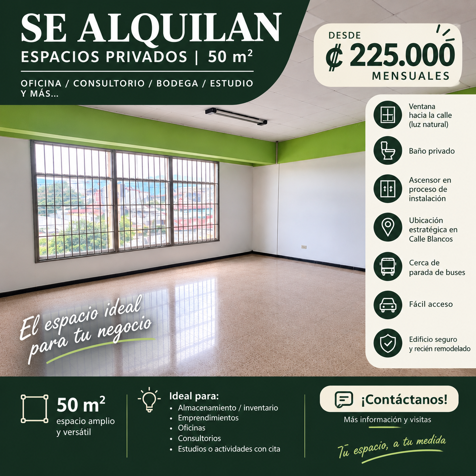 🏢 Espacios en Alquiler | Desde ₡225.000 | A 5 min de San José en Guadalupe, Goicoechea, San José — ₡ 225 000