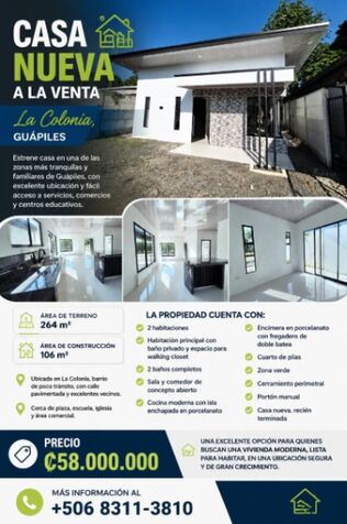 🏡 Casa Nueva a la Venta en La Colonia, Guápiles en La Colonia, Pococí, Limón — ₡ 58 000 000