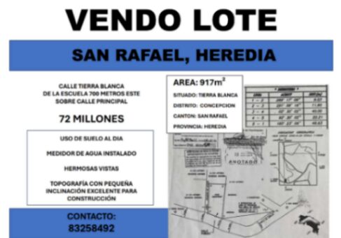 Se vende lote Heredia San Rafael Hermoso y amplio in Concepción, San Rafael, Heredia — ₡ 70 000 000