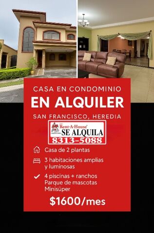 CASA AMUEBLADA EN ALQUILER, SAN FRANCISCO DE HEREDIA. $1.600 COD#25-1696 en San Francisco, Heredia — $1,600