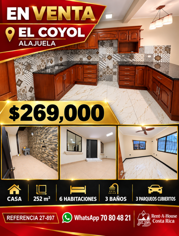 Venta de Casa de 6 habitaciones en el Coyol de Alajuela 27-897 en Alajuela — $269,000