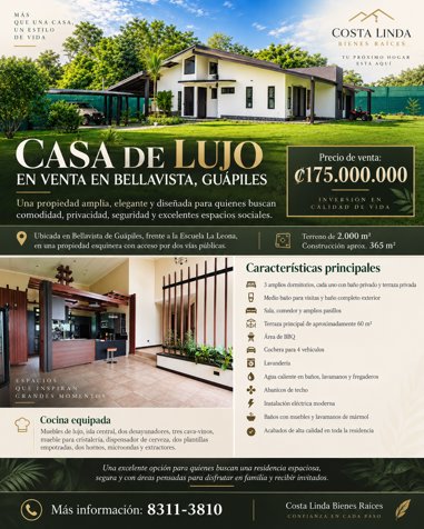 🏡 CASA DE LUJO EN VENTA EN BELLAVISTA, GUÁPILES en Guápiles, Pococí, Limón — ₡ 175 000 000