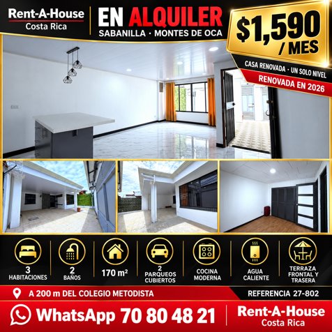 Alquiler de Casa de 3 Habitaciones en Sabanilla Montes de Oca en Sabanilla, Montes De Oca, San José — $1,590