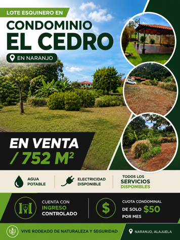 Lote esquinero en Condominio El Cedro en Naranjo en Naranjo, Alajuela — $72,000