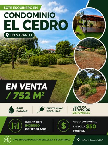 Lote esquinero en Condominio El Cedro en Naranjo in Naranjo, Alajuela — $72,000