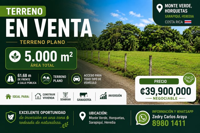 Terreno Plano 5.000 m² con 61,68 m de Frente | Monte Verde, Horquetas in Las Horquetas, Sarapiquí, Heredia — ₡ 33 900 000