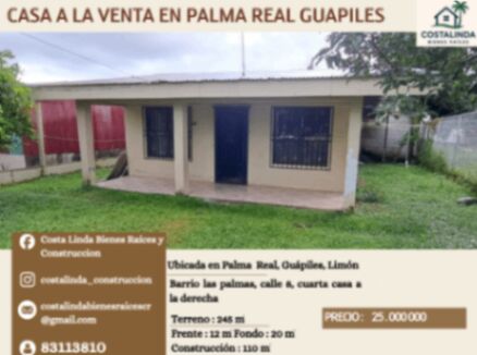 Casa en Venta en Palma Real Guapiles en Guápiles, Pococí, Limón — ₡ 25 000 000