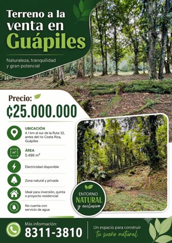 🌿 Terreno a la venta en Guápiles en Guápiles, Pococí, Limón — ₡ 20 000 000