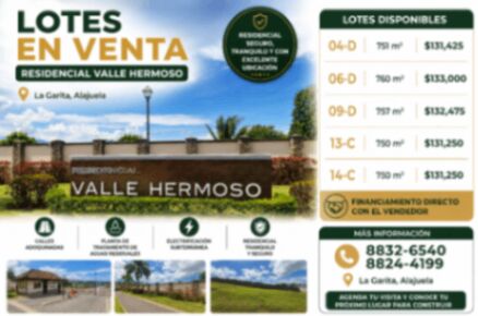 LOTES EN VENTA EN RESIDENCIAL VALLE HERMOSO - LA GARITA ALAJUELA en Garita, Alajuela — $131,250