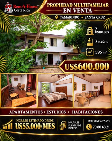 Oportunidad propiedad multifamiliar con 7 unidades entre apartamentos, estudios y habitaciones. in Tamarindo, Santa Cruz, Guanacaste — $600,000