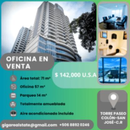 OFERTA EXCLUSIVA: Oficina amueblada en Torre Paseo Colón –San José-Costa Rica- in Merced, San José — $142,000