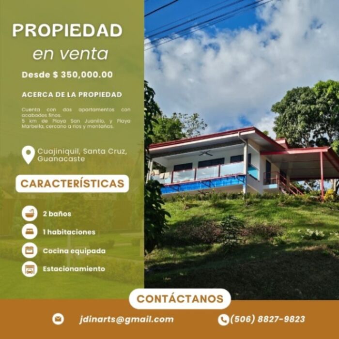 Propiedad a 5 km de Playa San Juanillo con Dos Apartamentos in Cuajiniquil, Santa Cruz, Guanacaste — $350,000