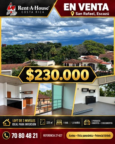 Venta de Apartamento tipo Loft de 3 Niveles en San Rafael de Escazu en San Rafael, Escazú, San José — $230,000