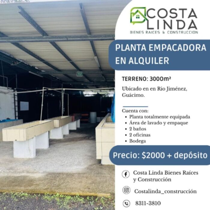 Planta empacadora en alquiler en Río Jiménez, Guácimo in Río Jiménez, Guácimo, Limón — $2,000