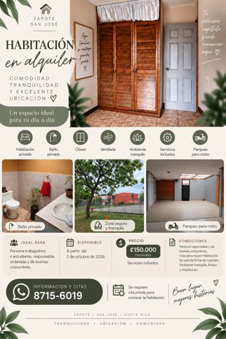 🏠 SE ALQUILA HABITACIÓN – EXCELENTE UBICACIÓN en Zapote, San José — ₡ 150 000