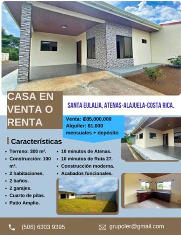 SE VENDE O ALQUILA BELLÍSIMA CASA EN ATENAS.  in Santa Eulalia, Atenas, Alajuela — ₡ 85 000 000