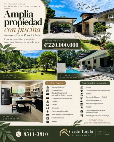 🏡 Amplia propiedad con piscina en Buenos Aires de Pococí, Limón en Guápiles, Pococí, Limón — ₡ 220 000 000