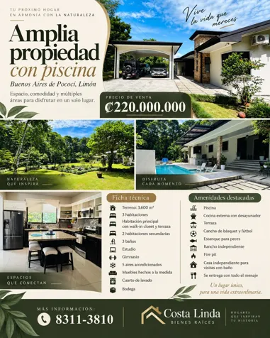 🏡 Amplia propiedad con piscina en Buenos Aires de Pococí, Limón in Guápiles, Pococí, Limón — ₡ 220 000 000