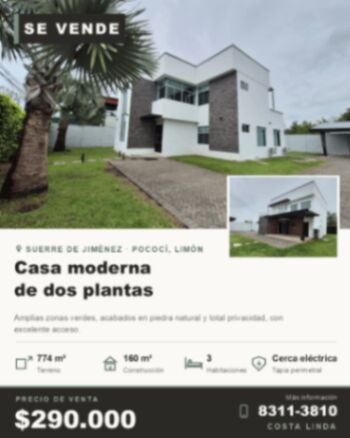 🏡 Casa moderna en venta en Suerre de Jiménez en Jiménez, Pococí, Limón — $290,000
