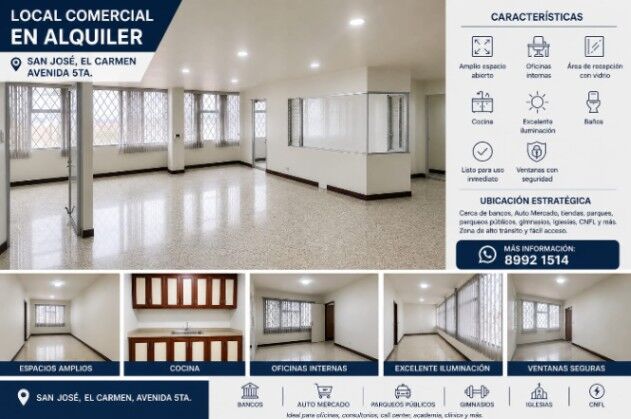 Se alquila amplio local comercial en San José centro, El Carmen, Avenida 5ta. in Carmen, San José — ₡ 400 000