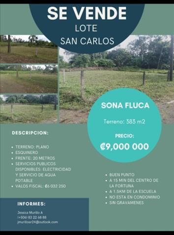 Venta de lote Sona Fluca, San Carlos en La Fortuna, San Carlos, Alajuela — ₡ 9 000 000