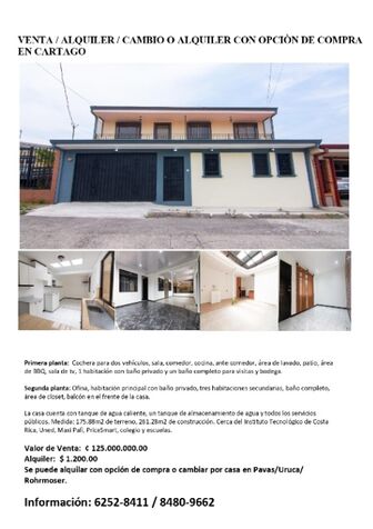 Casa en Cartago en Occidental, Cartago — ₡ 12 500 000 000