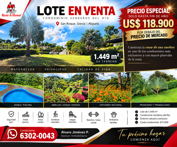 Oportunidad en Senderos del Río, Grecia | Lote de 1.449 m² a precio especial en San Roque, Grecia, Alajuela — $118,900