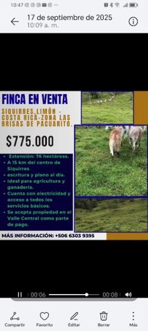 BELLA FINCA A LA VENTA EN LIMÓN.  in Siquirres, Limón — $775,000