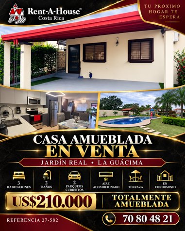 Casa en Venta Amoblada de 3 habitaciones en la Guacima en Alajuela — $210,000