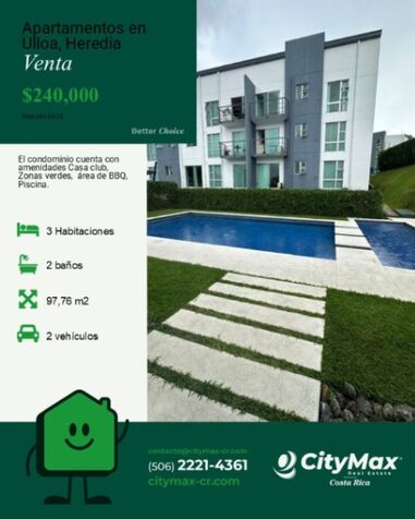 CityMax Costa Rica Vende Apartamento en Ulloa Heredia en Ulloa, Heredia — $240,000