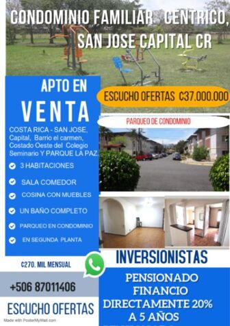 URGE VENDER, APARTAMENTO EN CONDOMINIO, SAN JOSE COSTA RICA en Carmen, San José — ₡ 37 000 000