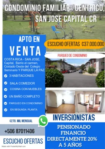 URGE VENDER, APARTAMENTO EN CONDOMINIO, SAN JOSE COSTA RICA in Carmen, San José — ₡ 37 000 000