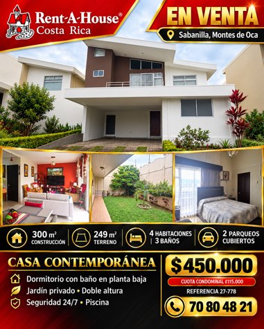 Venta de Hermosa  Casa de 4 habitaciones en Sabanilla de Montes de Oca en Sabanilla, Montes De Oca, San José — $450,000