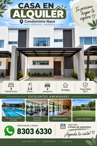 🏡 Hermosa casa en alquiler en Condominio San Lorenzo, Heredia in Barrantes, Flores, Heredia — ₡ 840 000